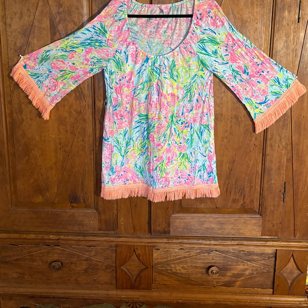 Lilly Pulitzer Top with Orange Fringe Trim + Free Matching Lilly Scrunchie
